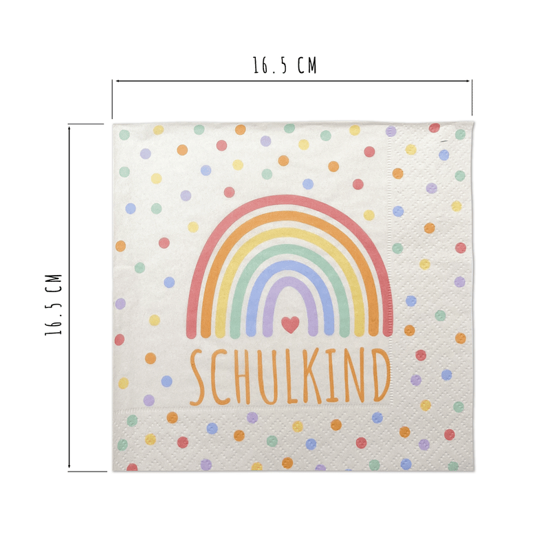 Friendly Fox Servietten Schulkind, 20x Servietten Einschulung Regenbogen Schulanfang Deko, Deko Einschulung Mädchen Junge, Größe 33x33 cm