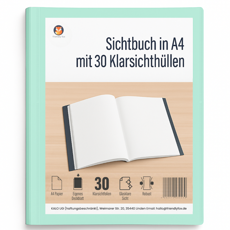 Friendly Fox Sichtbuch A4 mit Klarsichthüllen, Präsentationsmappe mit 30 Klarsichtfolien für 60 Sichten, Urkunden- oder Zeugnismappe
