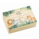 Personalisierte Erinnerungskiste Baby, Holzkiste 30x20x14cm als Erinnerungsbox für Kinder, Babygeschenk, Safari Tiere