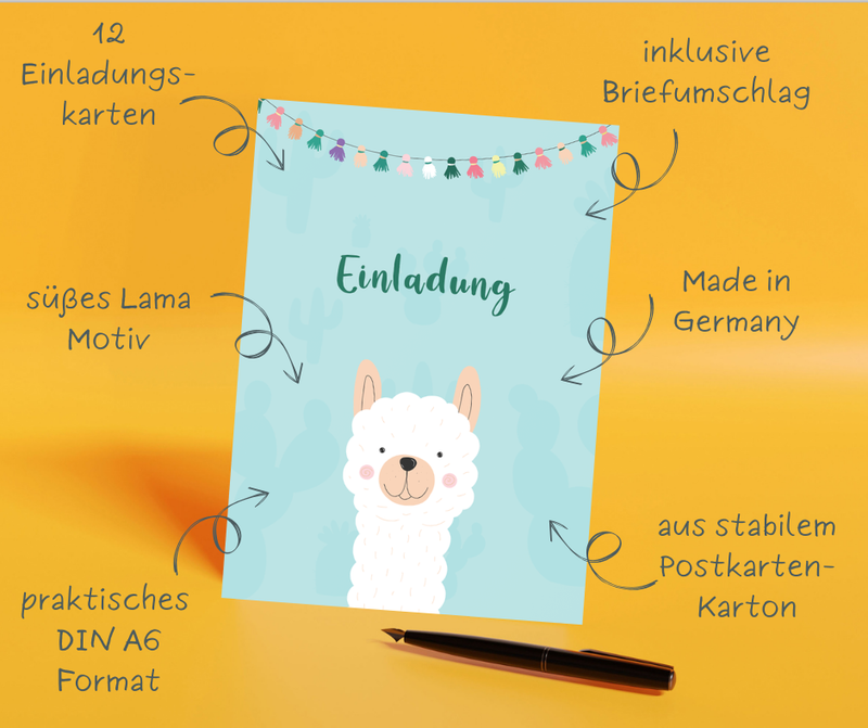 Friendly Fox Lama Einladung, 12 Einladungskarten Kindergeburtstag Lama Party Alpaka
