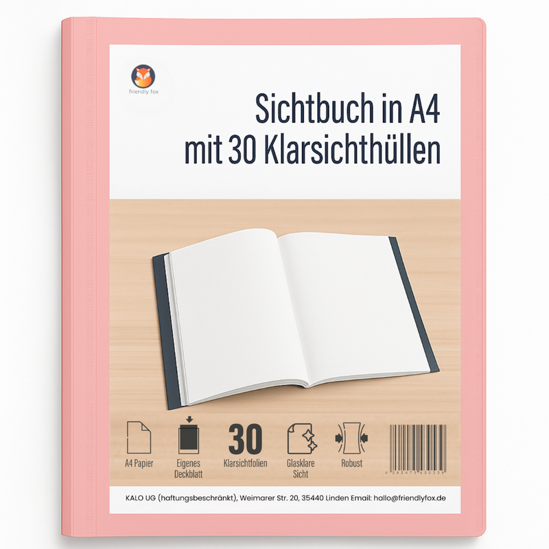 Friendly Fox Sichtbuch A4 mit Klarsichthüllen, Präsentationsmappe mit 30 Klarsichtfolien für 60 Sichten, Urkunden- oder Zeugnismappe