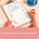 Friendly Fox Briefpapier Set "Blumen", DIN A4 Briefpapier Erwachsene, 20 Blatt inkl. 20 Umschläge, einseitig bedruckt