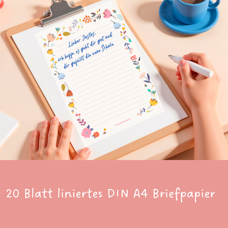 Friendly Fox Briefpapier Set "Blumen", DIN A4 Briefpapier Erwachsene, 20 Blatt inkl. 20 Umschläge, einseitig bedruckt