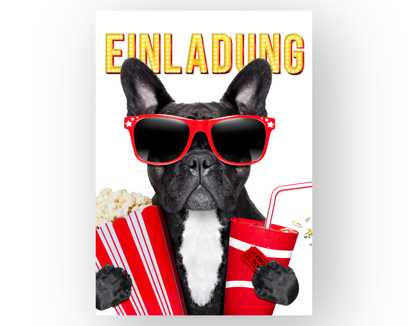 Einladungskarte mit Hund und Popcorn,