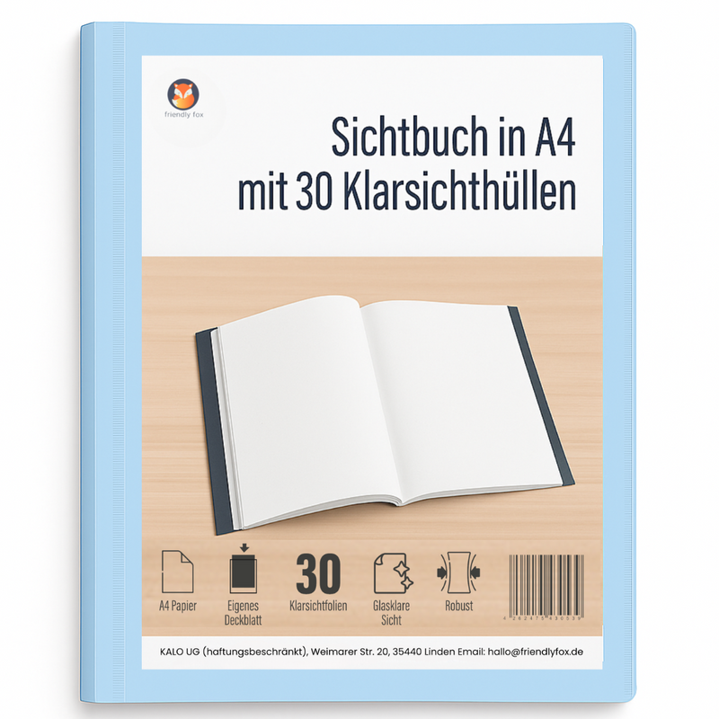 Friendly Fox Sichtbuch A4 mit Klarsichthüllen, Präsentationsmappe mit 30 Klarsichtfolien für 60 Sichten, Urkunden- oder Zeugnismappe