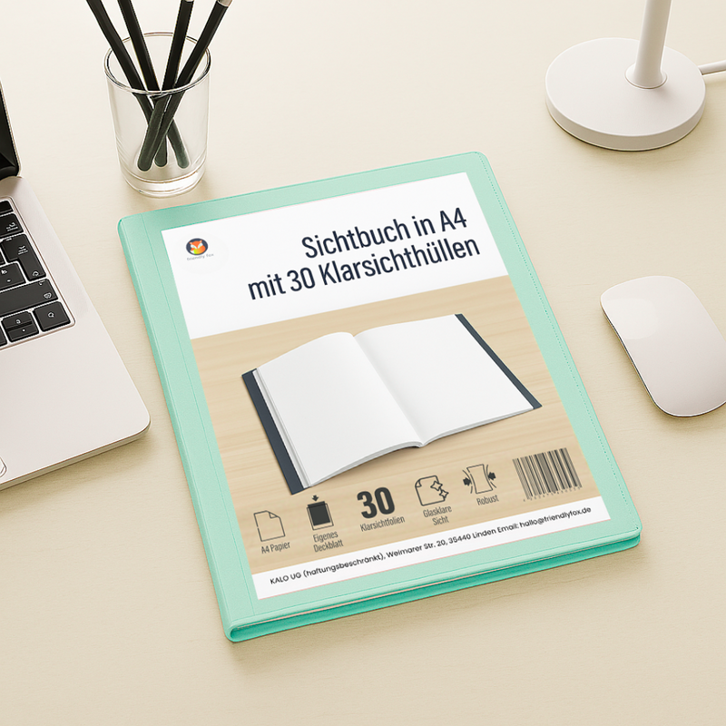 Friendly Fox Sichtbuch A4 mit Klarsichthüllen, Präsentationsmappe mit 30 Klarsichtfolien für 60 Sichten, Urkunden- oder Zeugnismappe