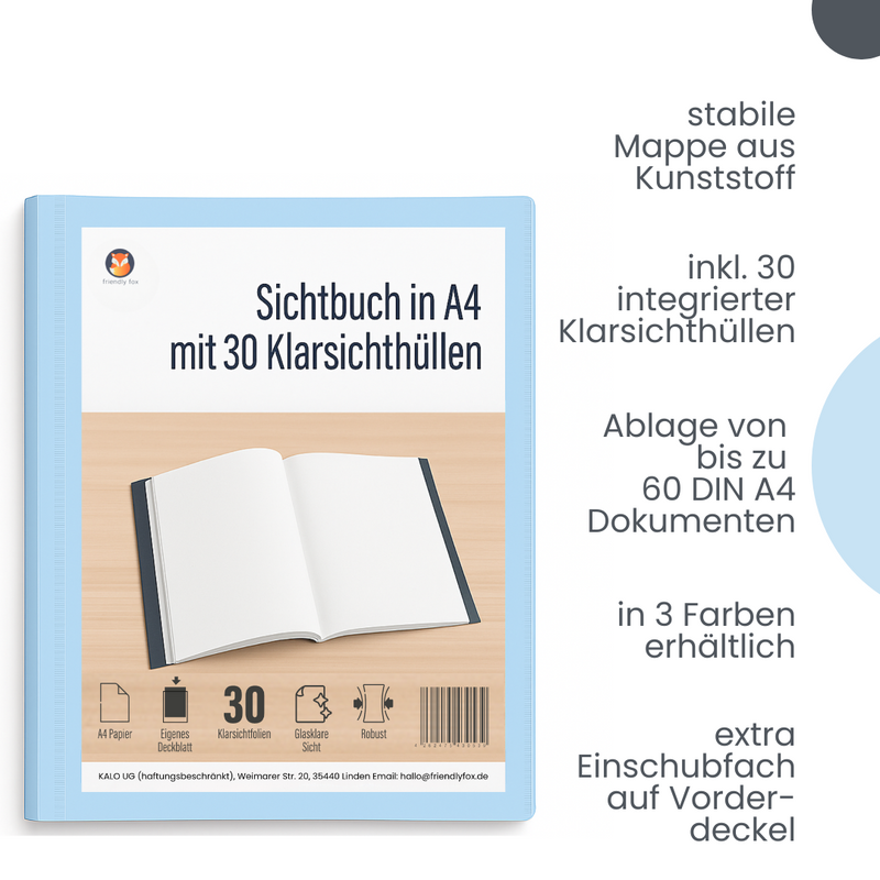 Friendly Fox Sichtbuch A4 mit Klarsichthüllen, Präsentationsmappe mit 30 Klarsichtfolien für 60 Sichten, Urkunden- oder Zeugnismappe