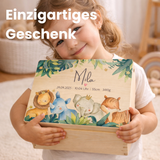 Personalisierte Erinnerungskiste Baby, Holzkiste 30x20x14cm als Erinnerungsbox für Kinder, Babygeschenk, Safari Tiere