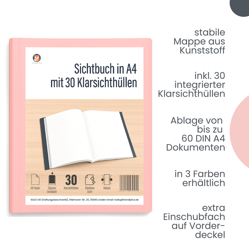 Friendly Fox Sichtbuch A4 mit Klarsichthüllen, Präsentationsmappe mit 30 Klarsichtfolien für 60 Sichten, Urkunden- oder Zeugnismappe