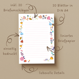 Friendly Fox Briefpapier Set "Blumen", DIN A4 Briefpapier Erwachsene, 20 Blatt inkl. 20 Umschläge, einseitig bedruckt