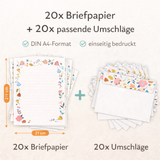Friendly Fox Briefpapier Set "Blumen", DIN A4 Briefpapier Erwachsene, 20 Blatt inkl. 20 Umschläge, einseitig bedruckt