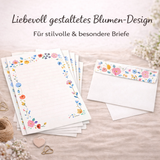 Friendly Fox Briefpapier Set "Blumen", DIN A4 Briefpapier Erwachsene, 20 Blatt inkl. 20 Umschläge, einseitig bedruckt