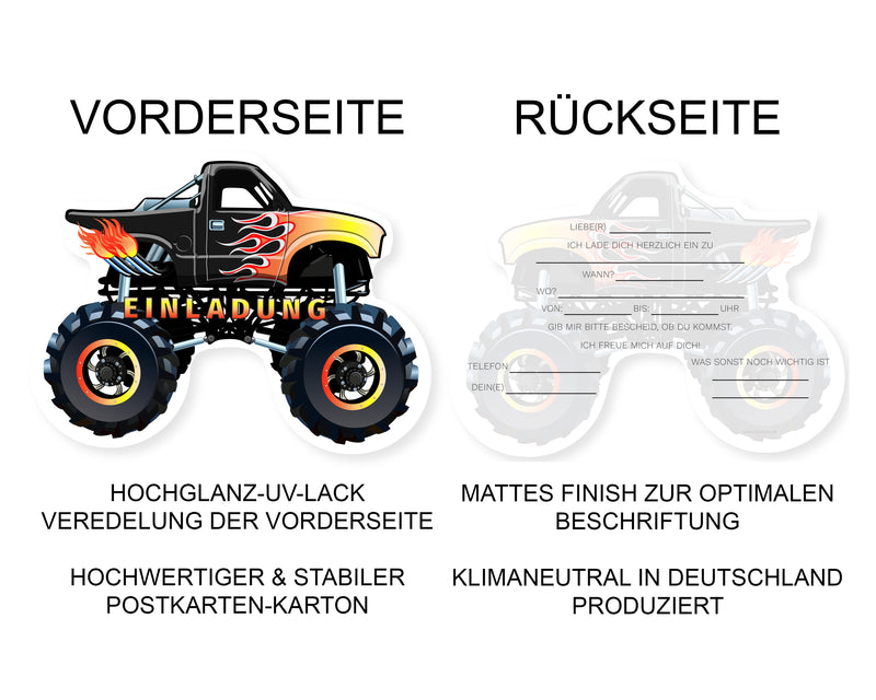 Friendly Fox Monster Truck Einladung, 12 Einladungskarten Kindergeburtstag Monster Truck, Geburtstagseinladungen Monster Auto Truck Geburtstag, Einladungen