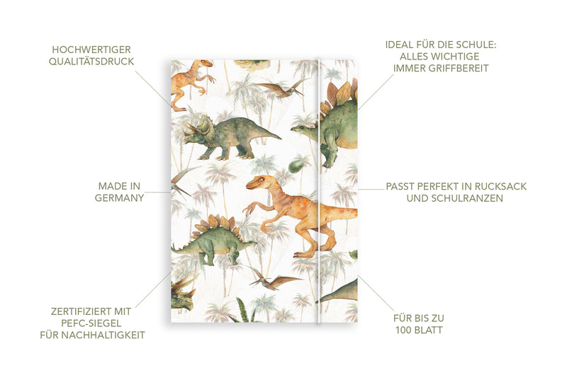 Friendly Fox DIN A4 Sammelmappen Dino, 2x Schulmappe Kinder, Postmappe A4 Schule mit Gummizug, bunte Hausaufgabenmappe Kinder Schule