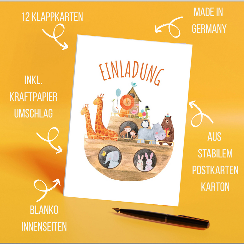 Friendly Fox Arche Noah Einladung, 12x Einladungskarten Kindergeburtstag oder Taufe, Klappkarten mit Kraftpapier Umschlägen