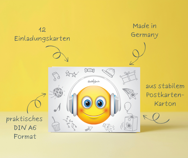Friendly Fox DJ Smiley Einladung, 12x Einladungskarten Kindergeburtstag Emoji, Geburtstagseinladung