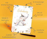 Friendly Fox Elefant Einladung boho, 12 Einladungskarten Kindergeburtstag Elefant, DIN A6 Geburtstagseinladung mit Umschlag