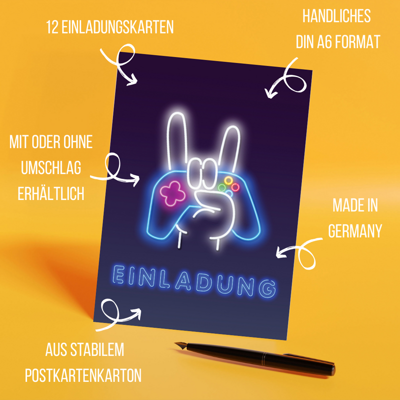 Friendly Fox Gaming Einladung, 12 Einladungskarten Kindergeburtstag Junge Mädchen Geburtstagseinladungen, DIN A6 Einladungskarten Gaming Geburtstag Einladung Spieleabend Zocker Party
