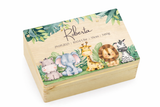 Personalisierte Erinnerungskiste Baby, Holzkiste 30x20x14cm als Erinnerungsbox für Kinder, Babygeschenk, Aquarell Tiere
