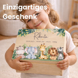 Personalisierte Erinnerungskiste Baby, Holzkiste 30x20x14cm als Erinnerungsbox für Kinder, Babygeschenk, Aquarell Tiere