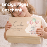 Personalisierte Erinnerungskiste Baby, Holzkiste 30x20x14cm als Erinnerungsbox für Kinder, Babygeschenk, Hase