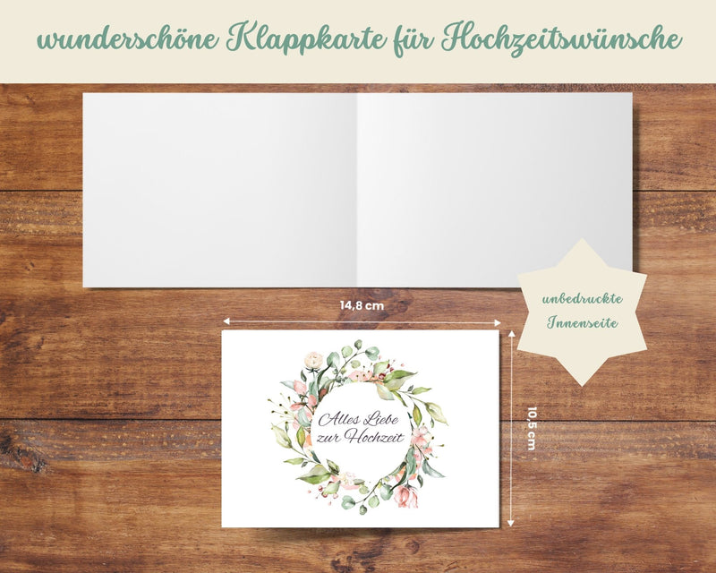 Friendly Fox Hochzeitskarte, 1x Karte zur Hochzeit "Blumenkranz", DIN A6 Klappkarte Alles Gute zur Hochzeit, Grußkarte inkl. Umschlag