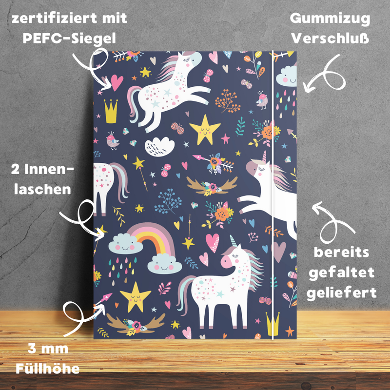 Friendly Fox DIN A4 Sammelmappen Set Einhorn & Herzen, 2x Schulmappe Kinder, Postmappe A4 Schule mit Gummizug, bunte Hausaufgabenmappe Kinder Schule