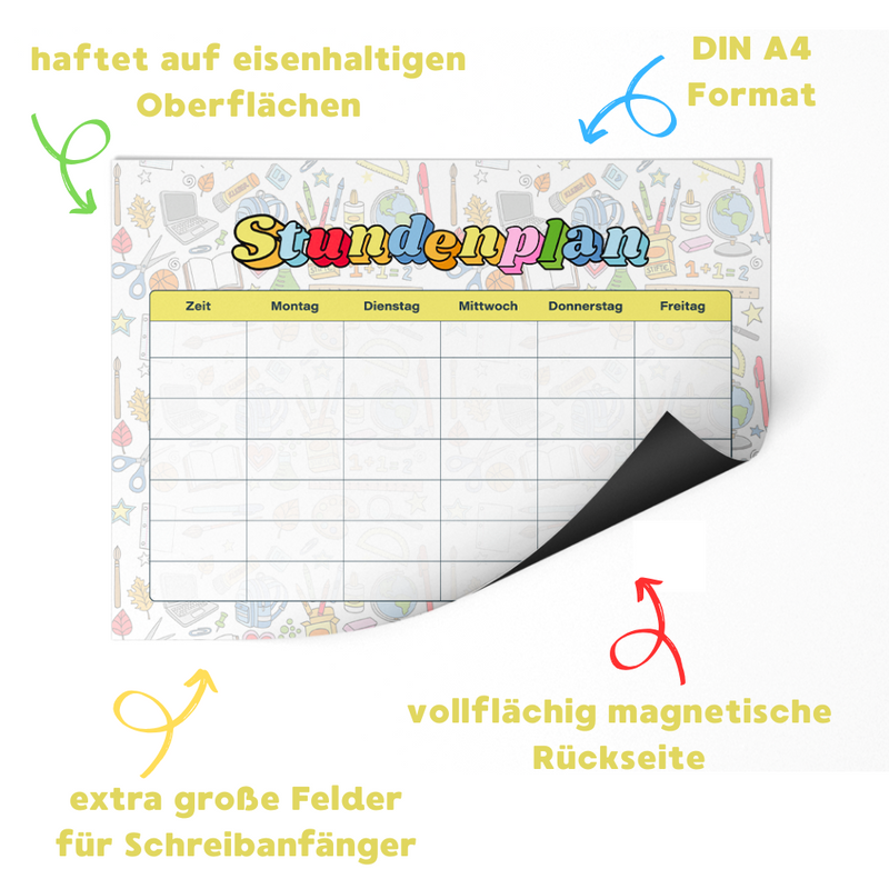 Friendly Fox magnetischer Stundenplan Schule, 1x DIN A4 Kinder Stundenplan abwischbar, Stundenplan 1. Klasse Junge Mädchen