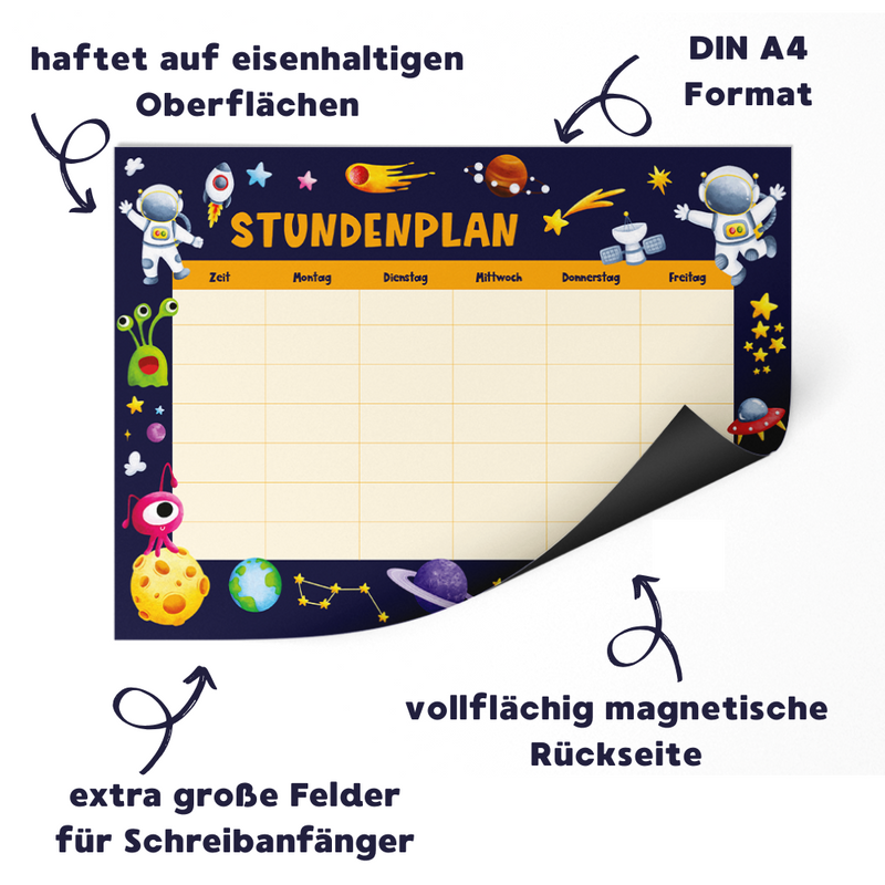 Friendly Fox magnetischer Stundenplan Weltraum, 1x DIN A4 Kinder Stundenplan abwischbar, Stundenplan 1. Klasse Junge Mädchen