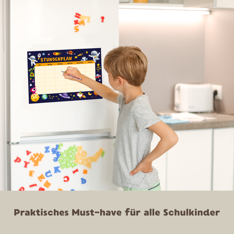 Friendly Fox magnetischer Stundenplan Weltraum, 1x DIN A4 Kinder Stundenplan abwischbar, Stundenplan 1. Klasse Junge Mädchen