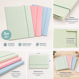 Friendly Fox 3 Stück Sammelmappen DIN A4 mit Gummizug für Schule, Büro, Studium & Zuhause – Eckspannmappe in Pastell Rosa, Blau & Grün