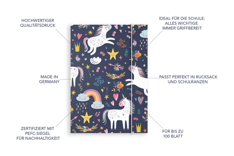 Friendly Fox DIN A4 Sammelmappen Einhorn, 2x Schulmappe Kinder, Postmappe A4 Schule mit Gummizug, bunte Hausaufgabenmappe Kinder Schule