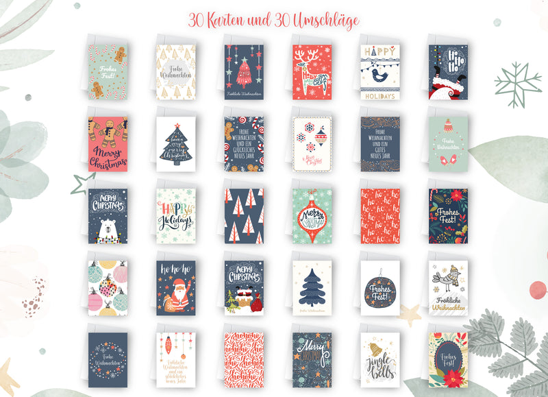 Friendly Fox Weihnachtskarten Set, 30 Weihnachtskarten, A6 Karte Weihnachten, Weihnachtspost, Grußkarten Weihnachten Postkarten