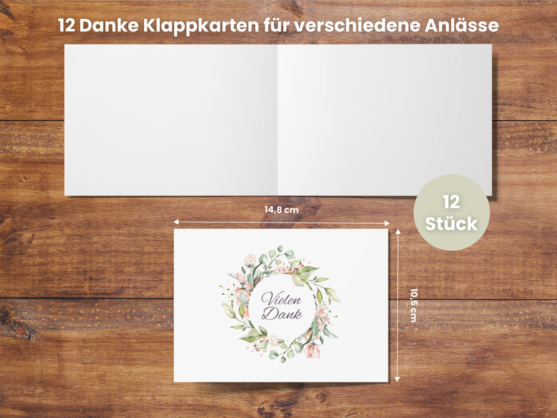 Friendly Fox Dankeskarten Blumenkranz, 12x Dankeschön Karten Blumenkranz, DIN A6 Klappkarten Danke mit Kraftpapier Umschlag