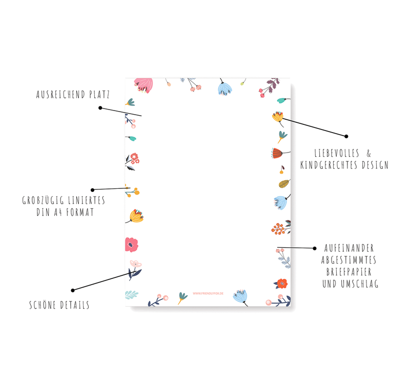 Friendly Fox Briefpapier Set "Blumen", DIN A4 Briefpapier Erwachsene, 20 Blatt inkl. 20 Umschläge, einseitig bedruckt