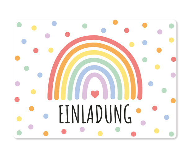 Einladungskarte mit buntem Regenbogen und Punkten