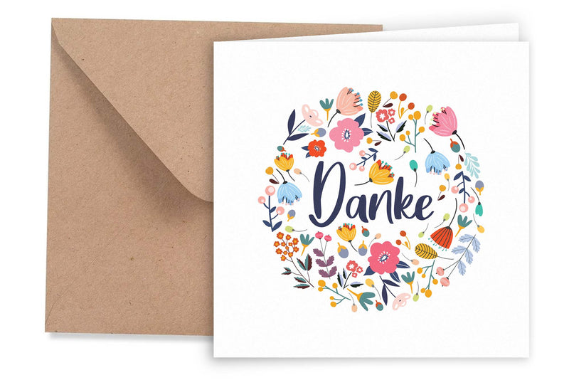 Friendly Fox Dankeskarte Blumen, 1x Danke Karte Blumen, Quadratische Dankeschön Karte mit Kraftpapier Umschlag, 14,8x14,8cm Faltkarte