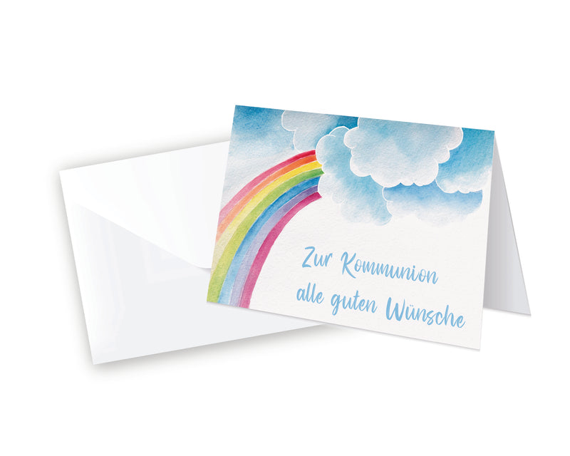 Friendly Fox Regenbogen Karte zur Kommunion, 1x Kommunionskarte mit Umschlag, Klappkarte Kommunion Junge Mädchen