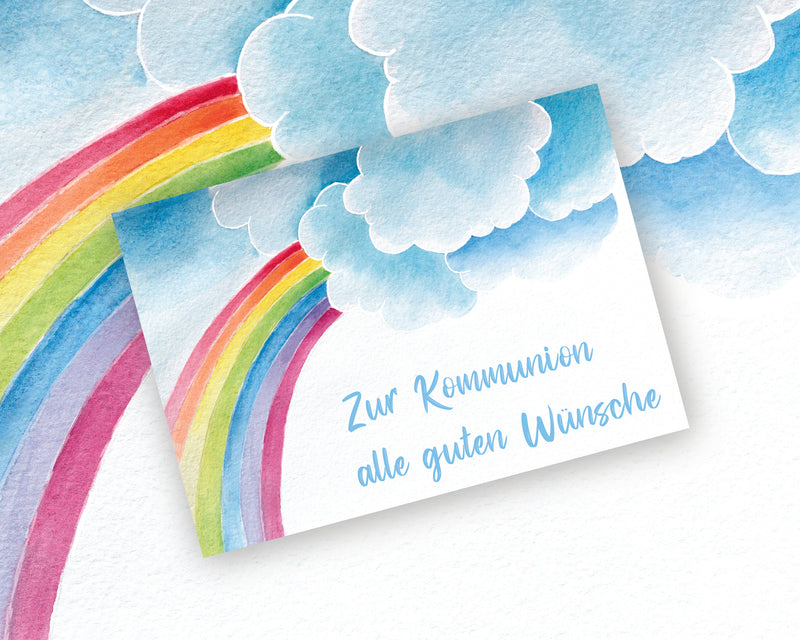 Friendly Fox Regenbogen Karte zur Kommunion, 1x Kommunionskarte mit Umschlag, Klappkarte Kommunion Junge Mädchen