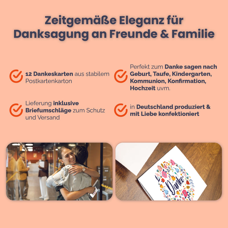 Friendly Fox Dankeskarten Blumen, 12x Dankeschön Karten Blumen, DIN A6 Klappkarten Danke mit Umschlag, Danke Kommunion Konfirmation Taufe Hochzeit