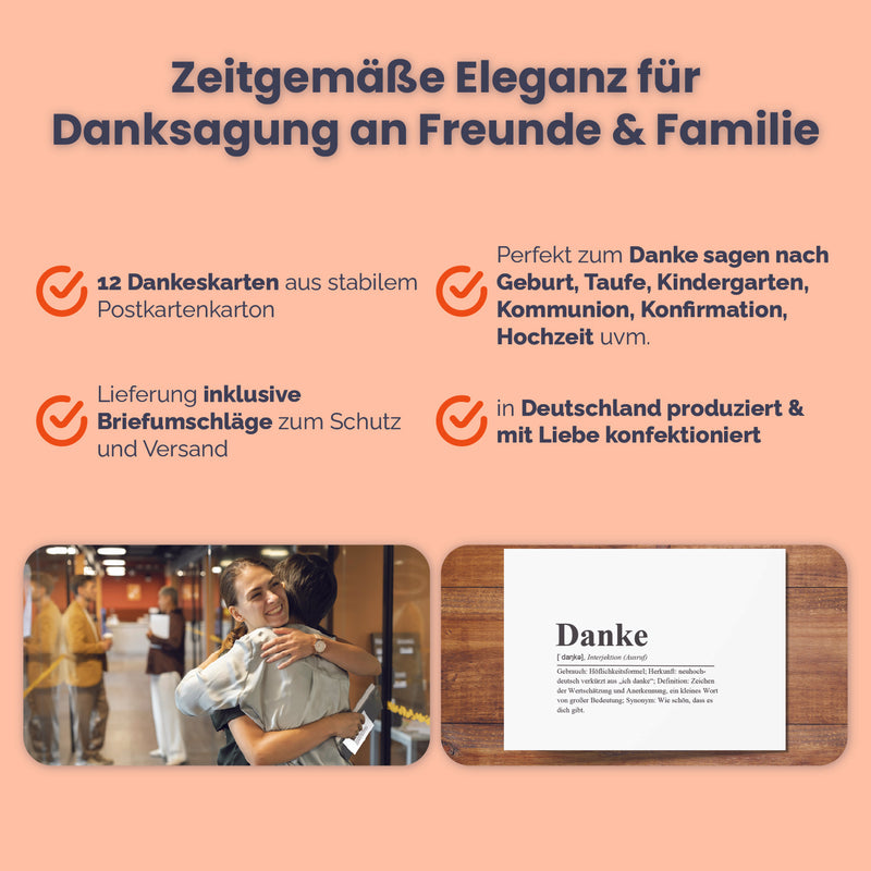 Friendly Fox Dankeskarten Definition, 12x Dankeschön Karten Danke Definition, DIN A6 Postkarten mit Kraftpapier Umschlag