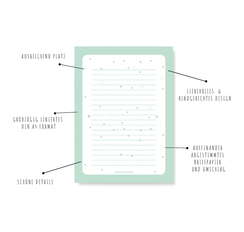 Friendly Fox Briefpapier Set "Dreiecke", DIN A4 Briefpapier mit Linien, 20 Blatt inkl. 20 Umschläge, einseitig bedruckt