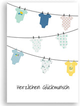 Geburtskarte mit Wäscheleine und Babybody Motiv in Blau