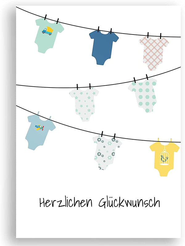 Geburtskarte mit Wäscheleine und Babybody Motiv in Blau