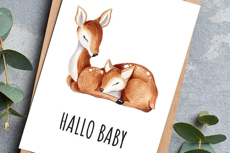 Friendly Fox Karte zur Geburt Rehkitz, 1x Glückwunsch Baby Karte mit Umschlag, Hallo Baby DIN A6 Grußkarte, Willkommen kleines Wunder