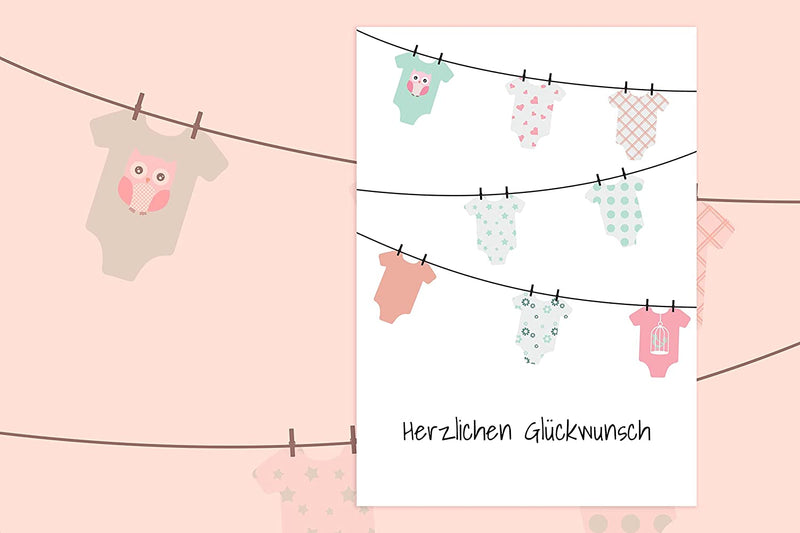 Friendly Fox Karte zur Geburt, Glückwunsch zum Baby, Karte zur Baby Geburt, Klappkarte mit Umschlag, A6 Grußkarte Geburt Baby (Wäscheleine2)