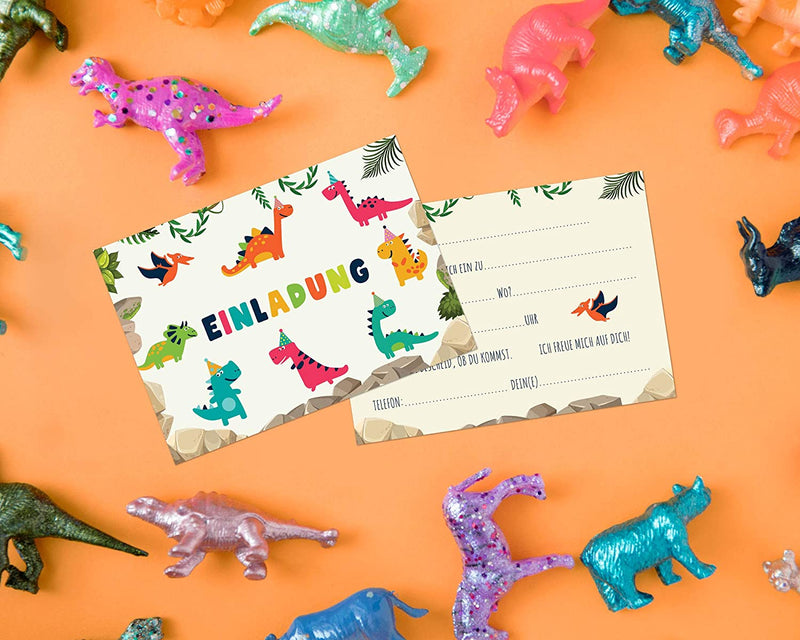 Friendly Fox Dino Einladung, 12x Einladungskarten Kindergeburtstag Dinosaurier Party, Dino Geburtstag Junge Mädchen