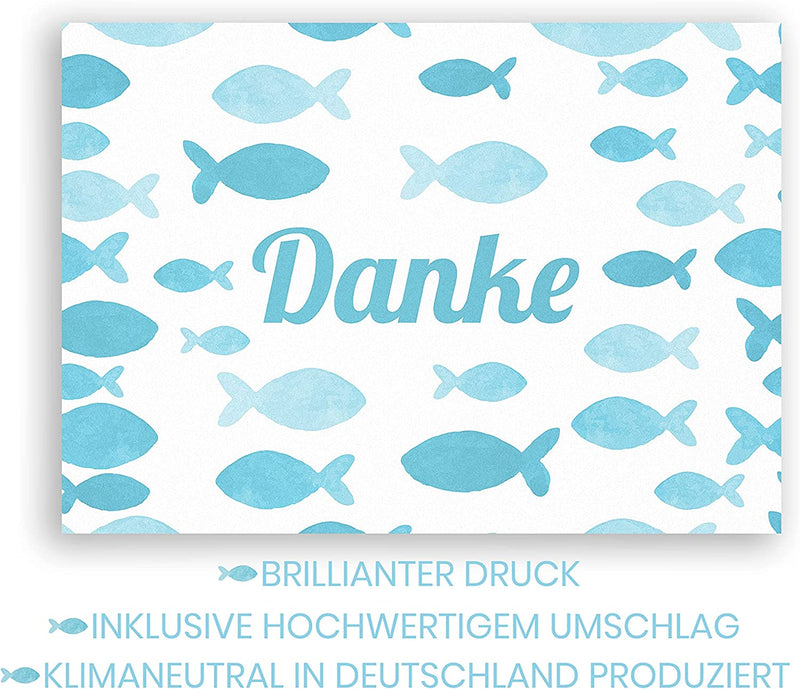 Friendly Fox Dankeskarten Fische, 12x Danke Karten Motiv "Fische", DIN A6 Klappkarten mit Umschlag, Danke Taufe Kommunion Konfi Hochzeit