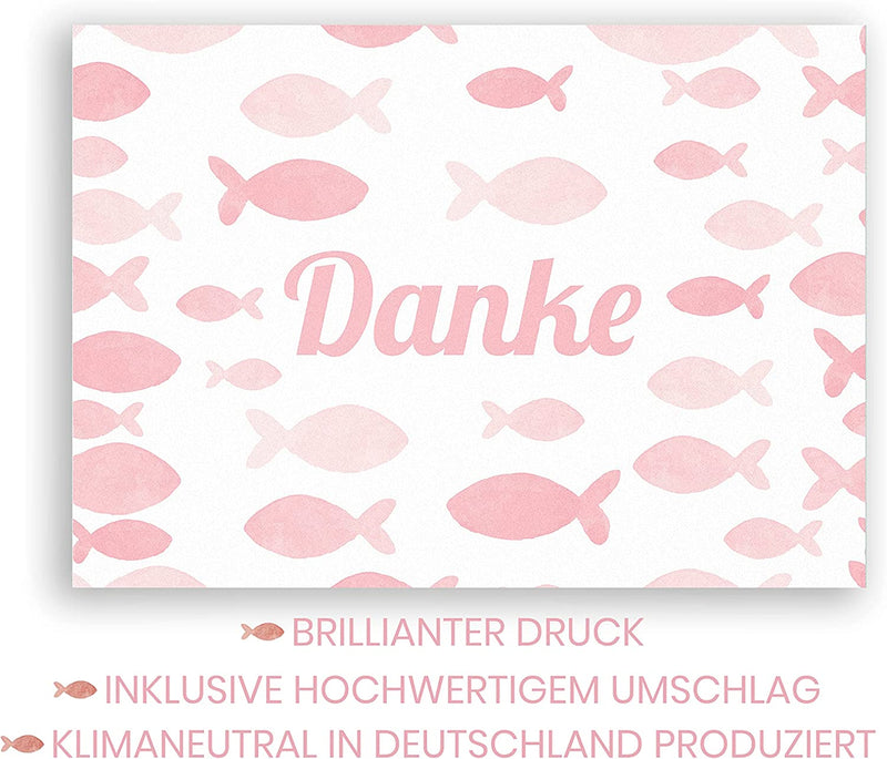 Friendly Fox Dankeskarten Fische, 12x Danke Karten Motiv "Fische", DIN A6 Klappkarten mit Umschlag, Danke Taufe Kommunion Konfi Hochzeit