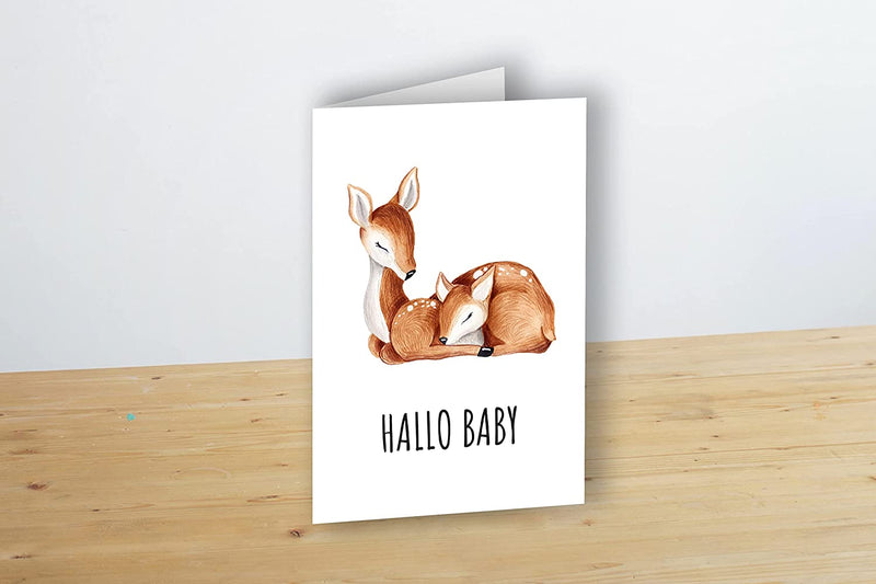 Friendly Fox Karte zur Geburt Rehkitz, 1x Glückwunsch Baby Karte mit Umschlag, Hallo Baby DIN A6 Grußkarte, Willkommen kleines Wunder